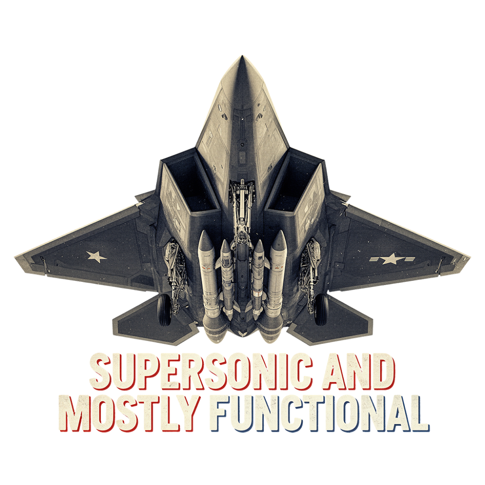 stealth fighter jet viewed from below with open weapons bay and deployed missiles
