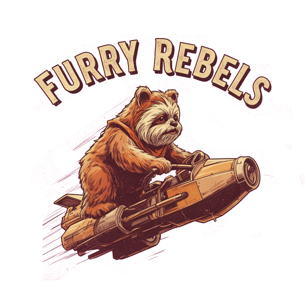 an Ewok riding a speeder bike at full speed
