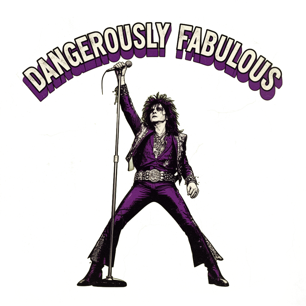 flamboyant glam rock male singer in wide-stance pose holding microphone aloft