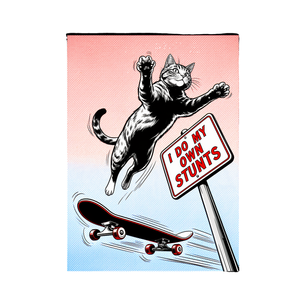 tabby cat mid-ollie kickflip above a speeding skateboard
