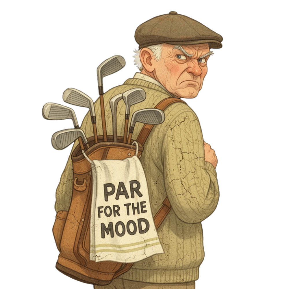 grumpy elderly man carrying a leather golf bag full of clubs