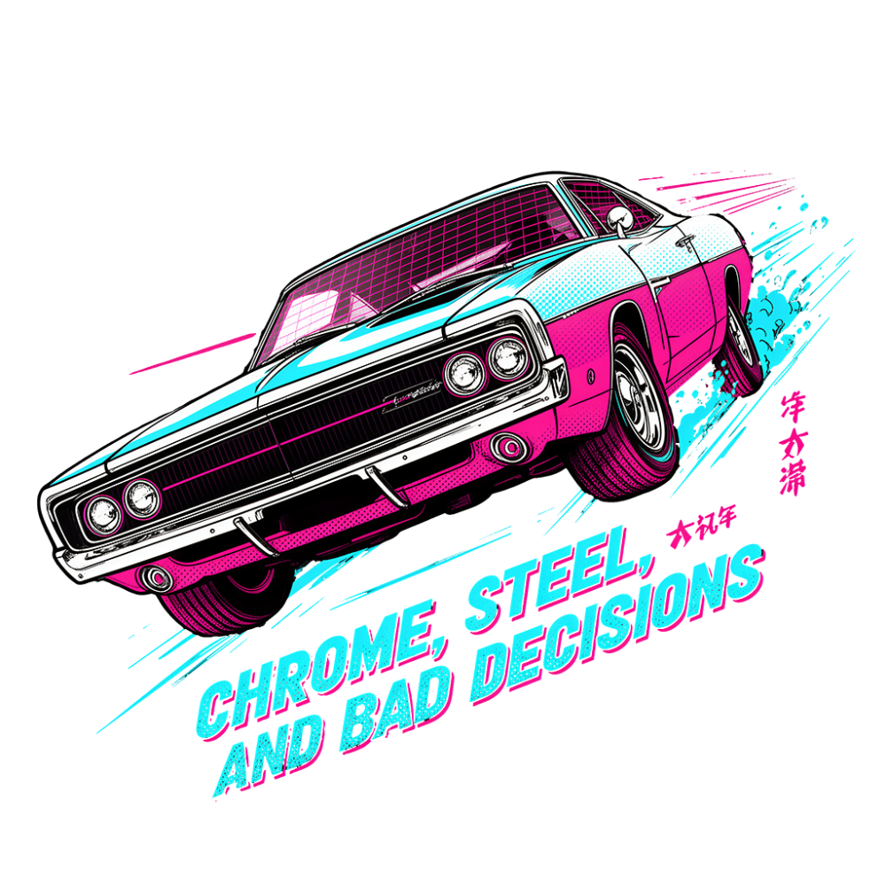 classic American muscle car, late-1960s Dodge Charger, airborne and speeding