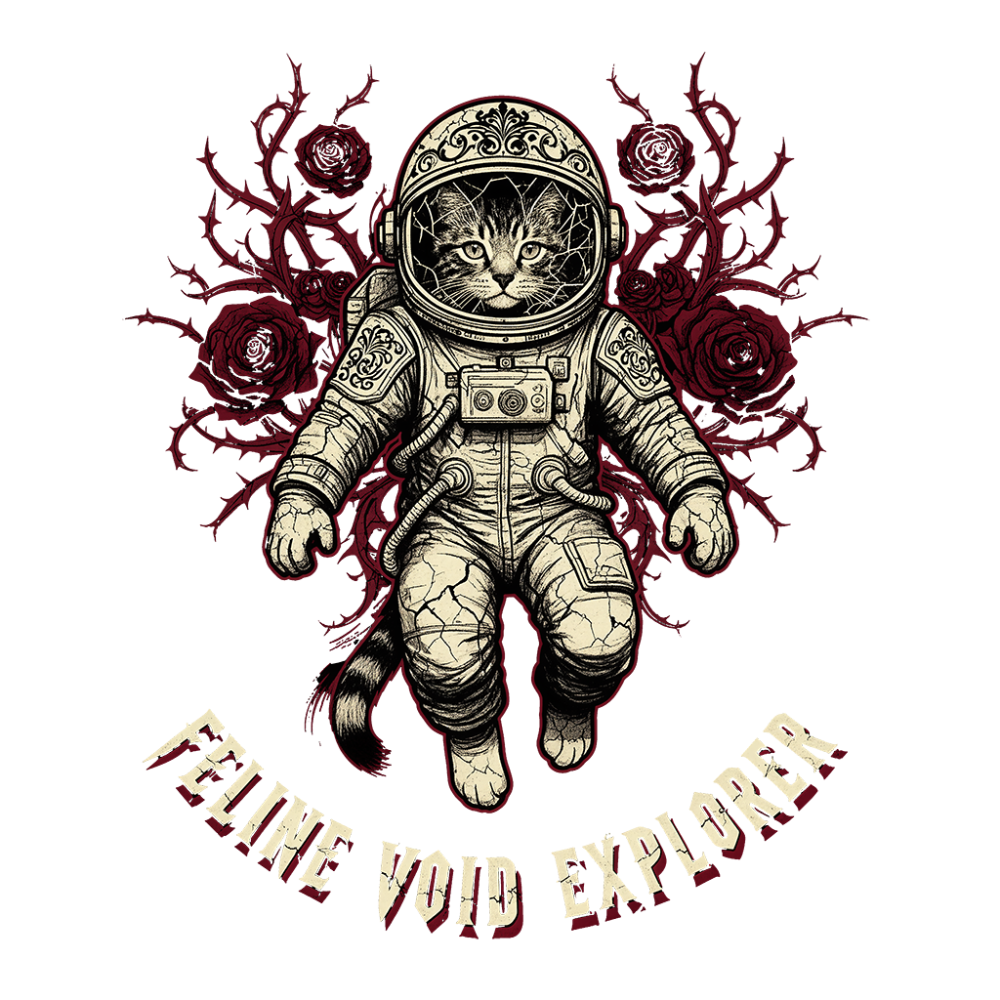 cat wearing a cracked ornate astronaut suit with a kitten face visible through the helmet visor