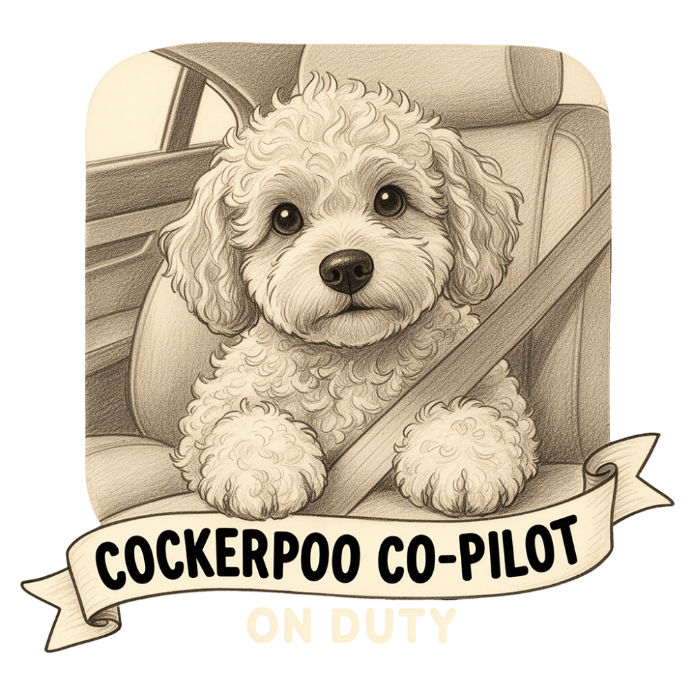 fluffy Cockerpoo dog sitting in a car passenger seat wearing a seatbelt