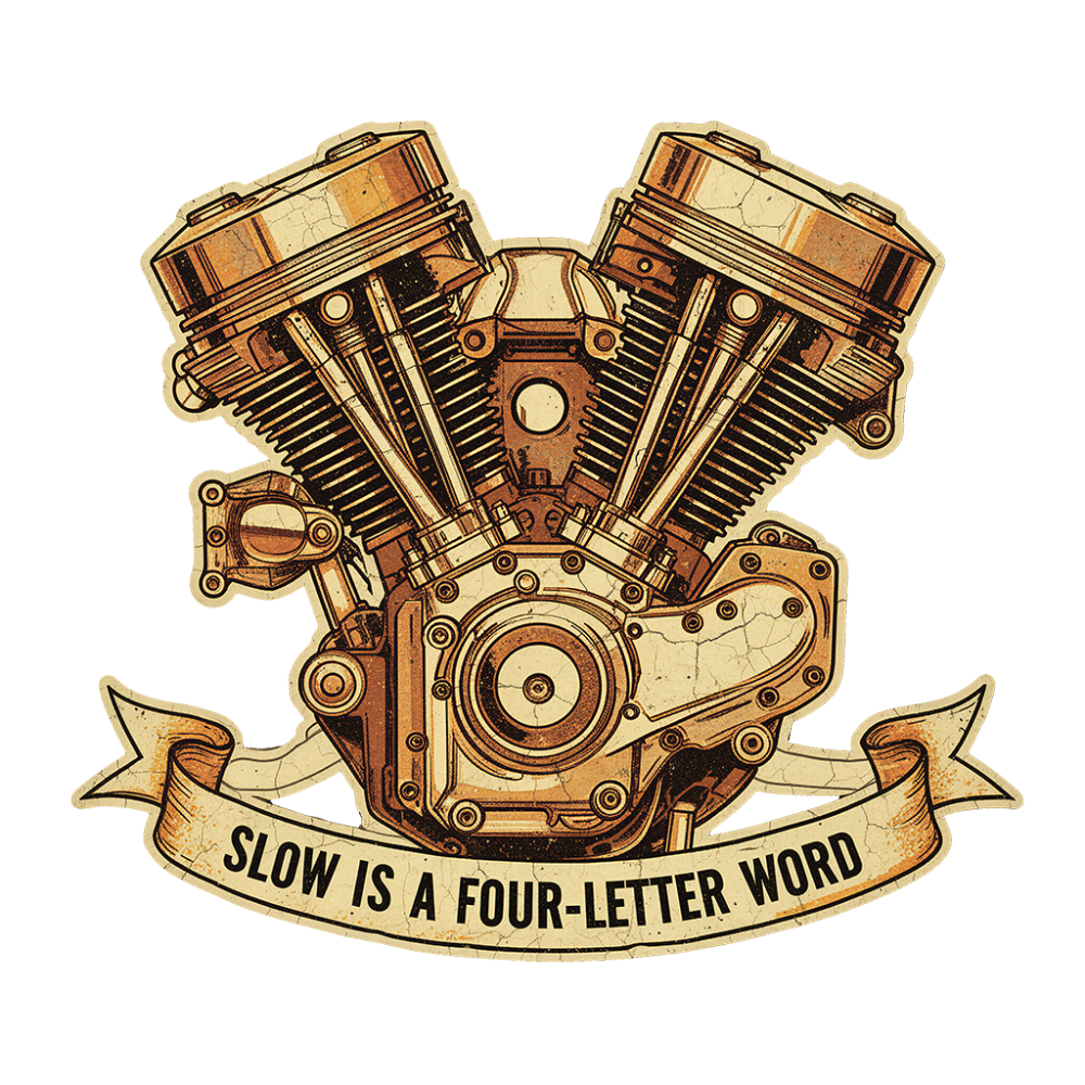 V-twin motorcycle engine with decorative scroll banner