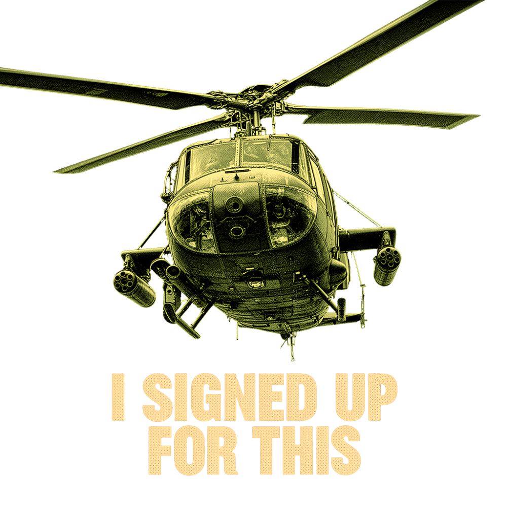 armed military helicopter viewed head-on from below