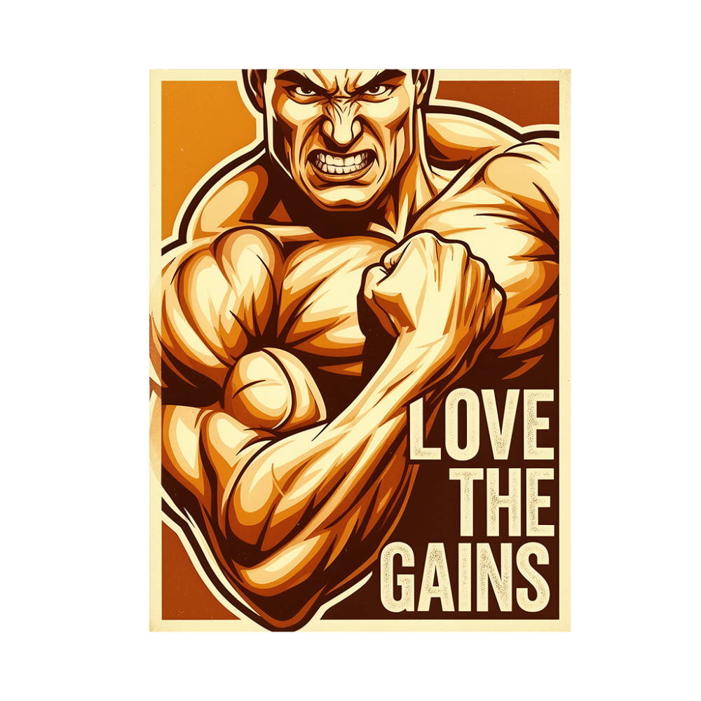 hyper-muscular male bodybuilder flexing arms with an intense snarling expression