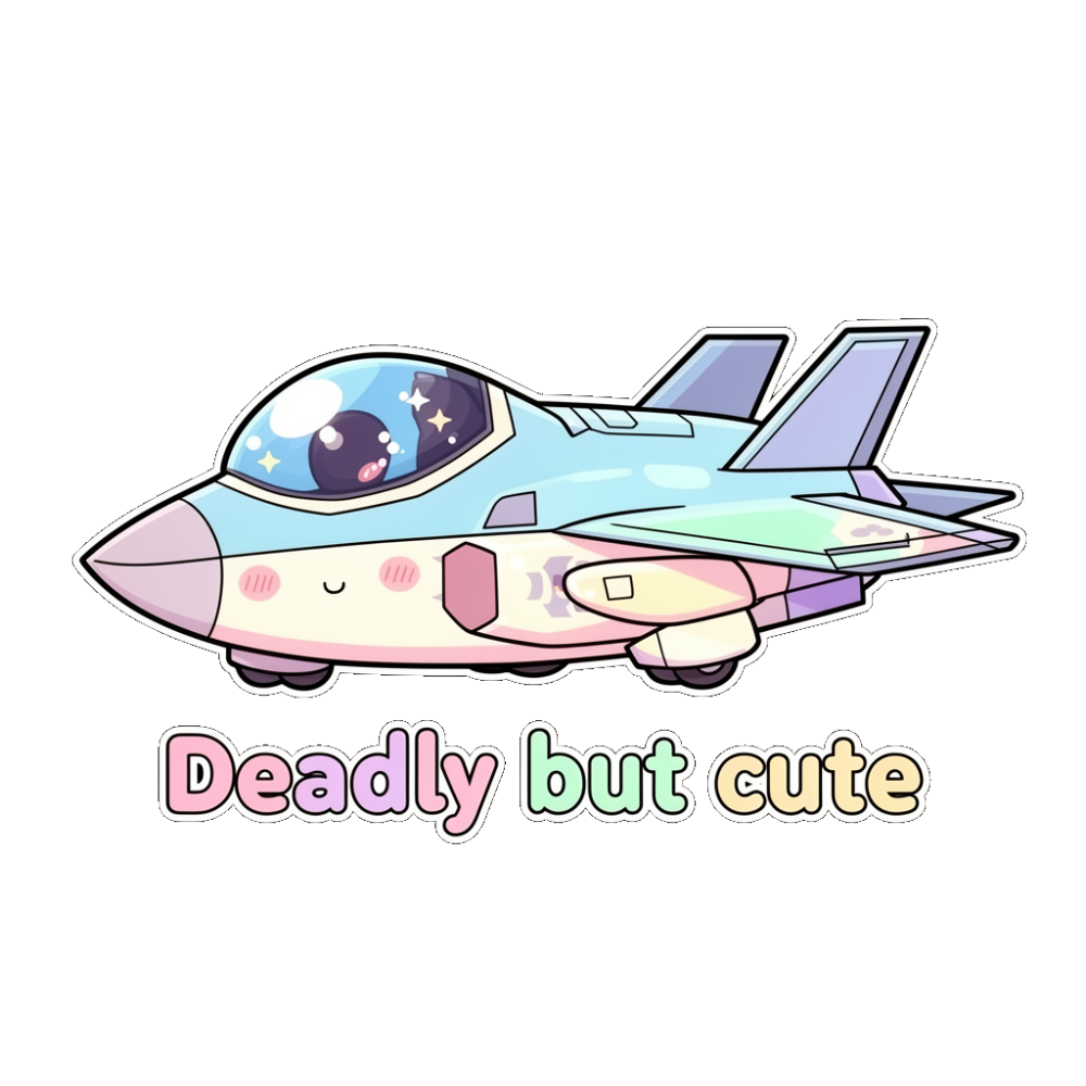 anthropomorphised F-35 stealth fighter jet with cute face and rosy cheeks