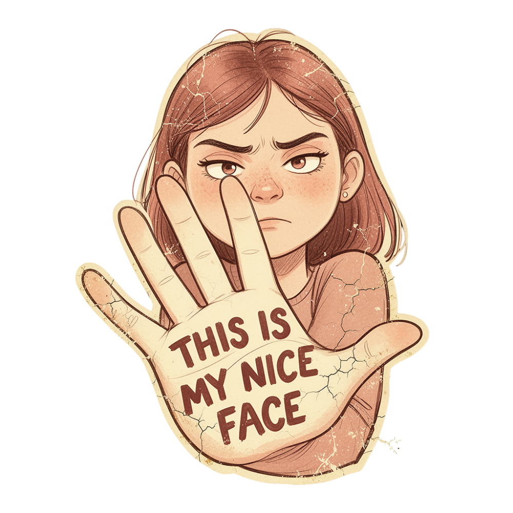 grumpy young woman holding up an open palm toward the viewer