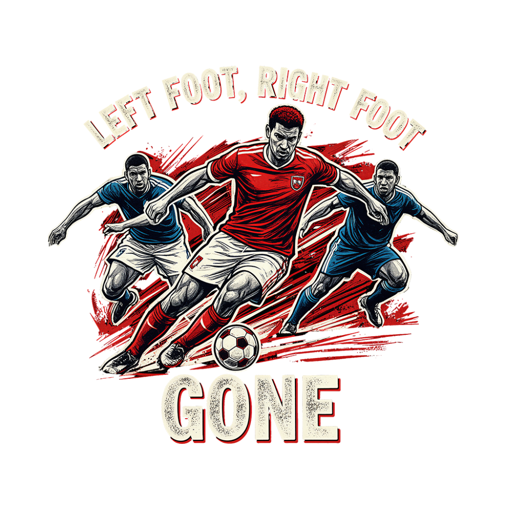 three football players mid-action, one in red dribbling a football past two defenders in blue