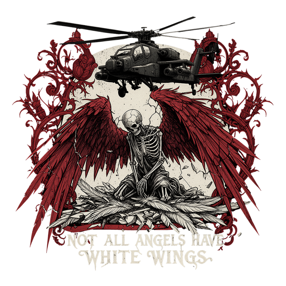 winged skeleton kneeling beneath an Apache attack helicopter, surrounded by fallen feathers and baroque floral scrollwork