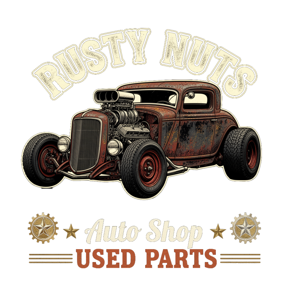 rusted rat rod hot rod coupe with exposed supercharged engine and wide rear tyres